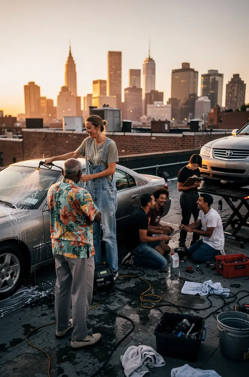Mechanic demonstrating tire pressure check to a driver in a city parking lot with no driveway.
